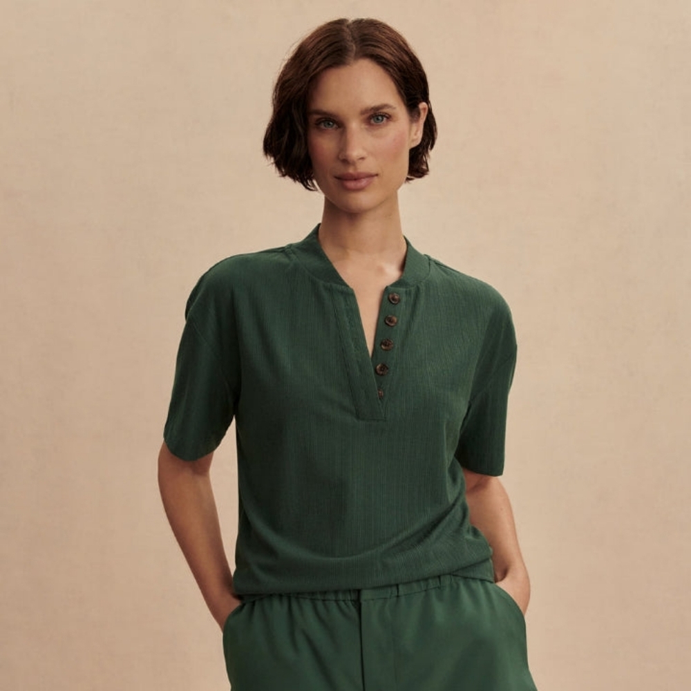 Green Button-Up Short Sleeve Top and Shorts Set